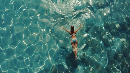 Enchanting aerial view: girl on tranquil sea surface - summer serenity captured in stunning...