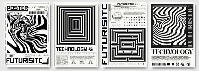 Tech posters set. White patterns from curved lines. Black and white retro cyberpunk style. Futuristic cover 2000s style with brutal wireframe figureset. Ideal for banner, flyer, card.  Vector - 768887548