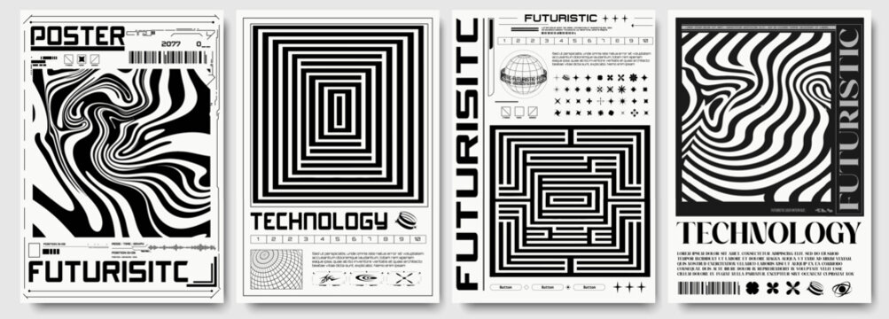 Tech posters set. White patterns from curved lines. Black and white retro cyberpunk style. Futuristic cover 2000s style with brutal wireframe figureset. Ideal for banner, flyer, card.  Vector