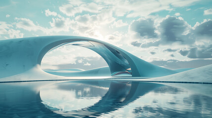 Fantasy landscape with an arch and frozen lake. 3d render illustration