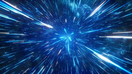 Abstract neon speed light background. Blue laser burst of energy. The effect of moving glowing lines.