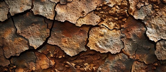 A close-up view of a cracked surface, showcasing intricate patterns and textures. The earths surface appears dry and weathered, revealing a network of fine and deep cracks.
