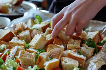person repurposing stale bread into croutons for a salad