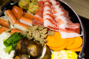 Variety food and vegetable for hotpot at restaurant