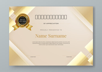 Beige white and gold vector professional and modern award corporate certificate design template. For award, business, diploma, workshop, award, graduation, completion, competition and education