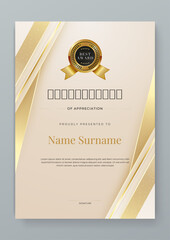 Beige gold and white vector modern elegant and luxury certificate template for corporate. For award, business, diploma, workshop, award, graduation, completion, competition and education