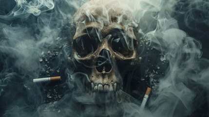 A hauntingly beautiful skull framed by tendrils of smoke, with cigarette butts littered around the edges, - obrazy, fototapety, plakaty