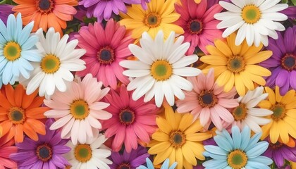 Fototapeta na wymiar Multi-color daisy chamomile flowers wallpaper, background, Modern lifestyle, summer, spring concept. flat lay, top view. Ai Generate