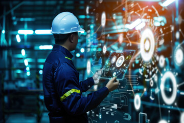 Fototapeta premium Engineer using data and control networking for clean energy industry, development, energy saving. Smart industry 4.0 technology concept