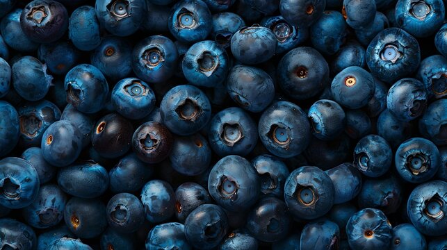 Close-up image of fresh blueberries, rich in color and detail, perfect for healthy lifestyle themes. Ideal for backgrounds and nutritional content. AI
