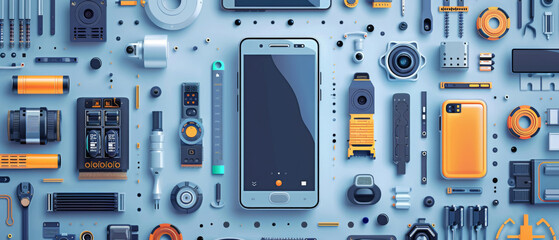 A detailed illustration of various disassembled technology and electronic device components on a neutral background. - obrazy, fototapety, plakaty