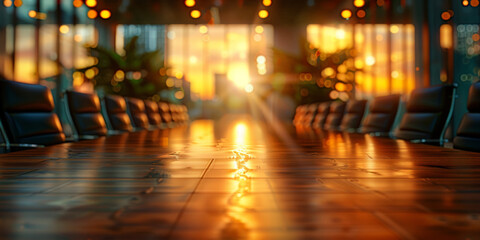 A blurred office conference room with large glass windows, blurred modern office meeting room interior