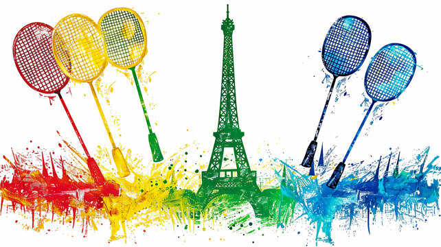A colorful image of a tennis racket and a Paris Eiffel Tower