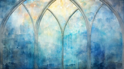 Blue and yellow watercolor painting of a church window. - obrazy, fototapety, plakaty