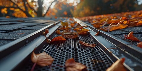 Clogged gutters with leaves and debris damaging plastic mesh leaf screen gutter guard on a roof. Concept Gutter Cleaning, Leaf Debris Removal, Roof Maintenance, Gutter Guard Repair - obrazy, fototapety, plakaty