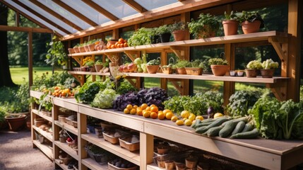 Greenhouse full of vegetables and fruits - obrazy, fototapety, plakaty