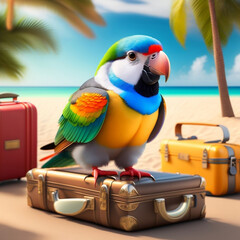 Parrot on the beach with holiday luggage - AI generated