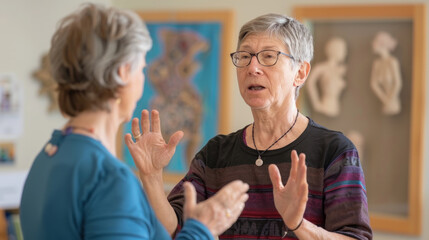 Two elderly women engaged in a lively discussion, gesturing expressively - obrazy, fototapety, plakaty