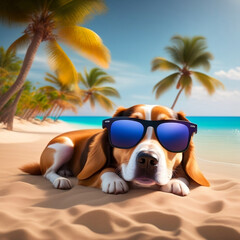 Dog on the beach with sunglasses - AI generated