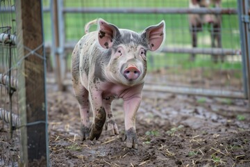 mudsplattered pig trotting toward fence