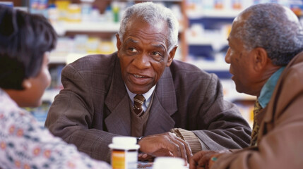 Three seniors engage in a conversation amidst a pharmacy, bottles of medication nearby - obrazy, fototapety, plakaty