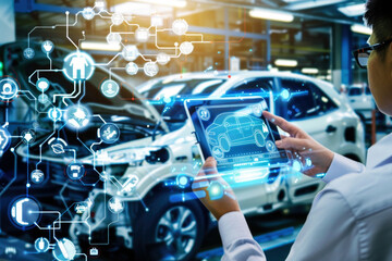 Industry engineer in factory using smart tablet device to control networking for auto industry. Smart industry 4.0 technology concept - 768890115