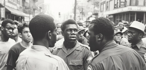 Two men engage in a serious conversation amid a crowd of onlookers on a city street, reflecting the social dynamics of the era - obrazy, fototapety, plakaty
