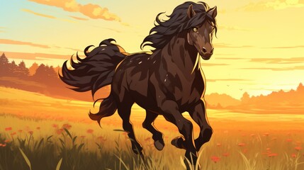 A dark brown horse with a long flowing mane and tail is running through a field of tall grass with a beautiful sunset in the background
