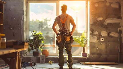 Confident Craftsman Ready to Start Work. A Man In a Workshop at Sunset. Professional Interior Renovation Concept. Cozy Workshop Scene with Sunlight. AI