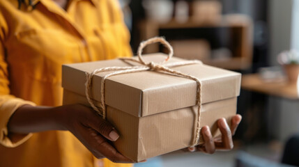 A woman holds a wrapped gift box in her hands, showcasing a gesture of giving and celebration - obrazy, fototapety, plakaty