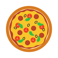 Pizza with sausage, cheese, olives and herbs. Vector illustration.