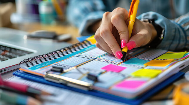 A person sitting at a desk, writing on a notebook with a pen