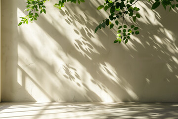The shadow of the tree on the white wall with sunlight and shadow.
