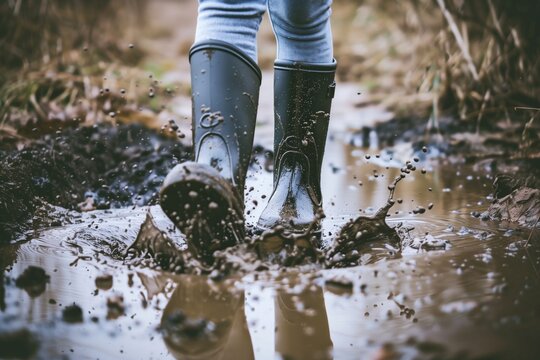 persons feet in rubber boots splashing in a muddy puddle
