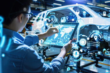 Industry engineer in factory using smart tablet device to control networking for auto industry. Smart industry 4.0 technology concept - 768890766