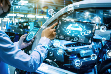 Industry engineer in factory using smart tablet device to control networking for auto industry. Smart industry 4.0 technology concept