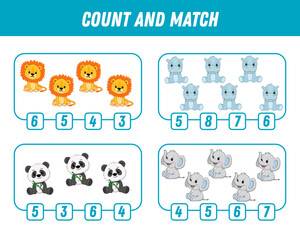 Education game for children count and match of cute cartoon animals, printable worksheet.