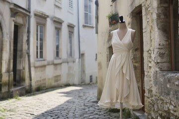 Naklejka premium aline summer dress on mannequin, cobblestone street setting