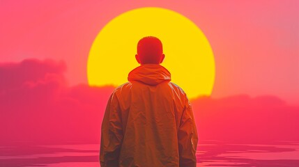 Man in yellow hoodie looks at the moon, music album style pictures. - obrazy, fototapety, plakaty