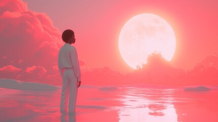 Man in white suit looks at the moon.