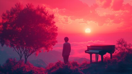 Man with piano on top of mountain at sunset.