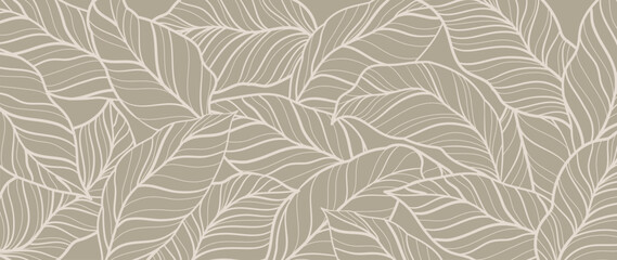 Abstract foliage line art vector background. Leaf wallpaper of tropical leaves, leaf branch, plants in hand drawn pattern on beige. Botanical jungle illustrated for banner, prints, decoration, fabric.