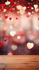 Wooden table and heart bokeh background.  valentines day concept.