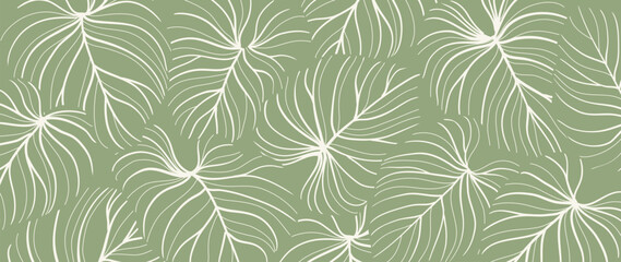 Abstract foliage line art vector background. Leaf wallpaper of tropical leaves, leaf branch, plants in hand drawn pattern on green. Botanical jungle illustrated for banner, prints, decoration, fabric.