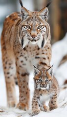 Fototapeta premium Male bobcat and kitten portrait with spacious text area, object on the right side for balance