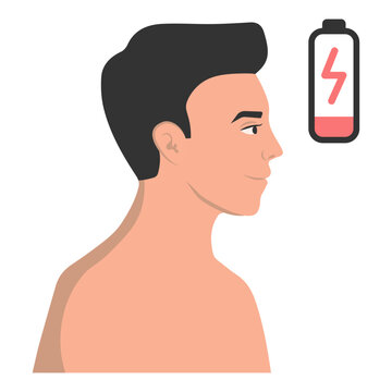 Exhaustion of a person, fatigue or exhaustion, lack of battery power, low charge. Vector illustration.