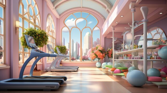 A digital illustration of a modern pink gym with a beautiful city view