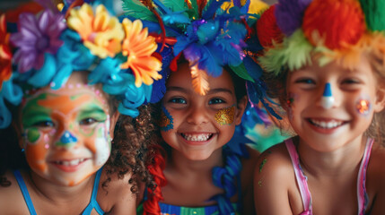 Several young girls with colorful face paint on their faces, smiling and posing for a picture