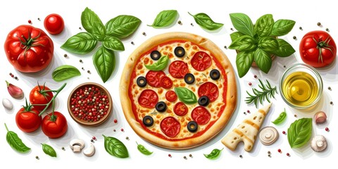 Gastronomic Masterpiece: Savory Olive Tomato Basil Pizza - obrazy, fototapety, plakaty