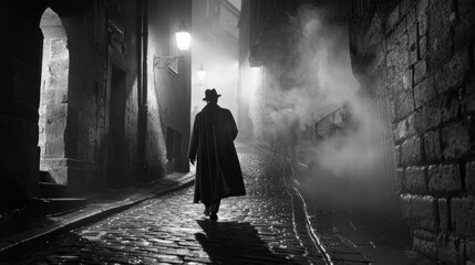 A man wearing a coat and hat is walking down a street